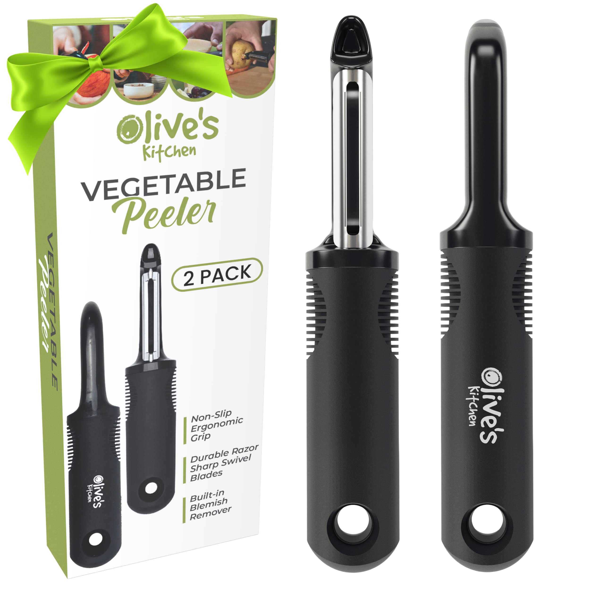 Olive's Kitchen Vegetable Peeler Set – Ergonomic Grip Peelers for Kitchen w/Razor-Sharp Swivel Blades - Stainless Steel Fruit Peeler for Potato, Apple, Carrot, Cucumber - Veggie Peeler (2 Pack)