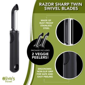 Olive's Kitchen Vegetable Peeler Set – Ergonomic Grip Peelers for Kitchen w/Razor-Sharp Swivel Blades - Stainless Steel Fruit Peeler for Potato, Apple, Carrot, Cucumber - Veggie Peeler (2 Pack)