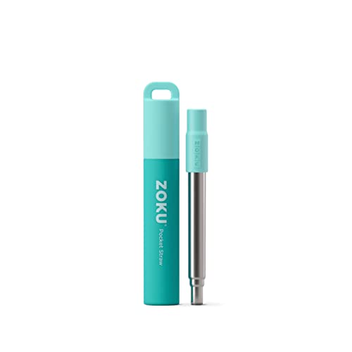 ZOKU Reusable Metal Straw with Case for Travel, Collapsible Stainless Steel Drinking Straw with Silicone Tip and Straw Cleaner Brush, Ideal for Key Chains, Pockets, Purses (Teal Pocket Straw)