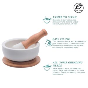 Porcelain Mortar and Pestle Set – Pill Crusher, Spice Grinder, Herb Bowl, Pesto Powder – Molcajete for Salt - Plus Lid/Non-Slip Base