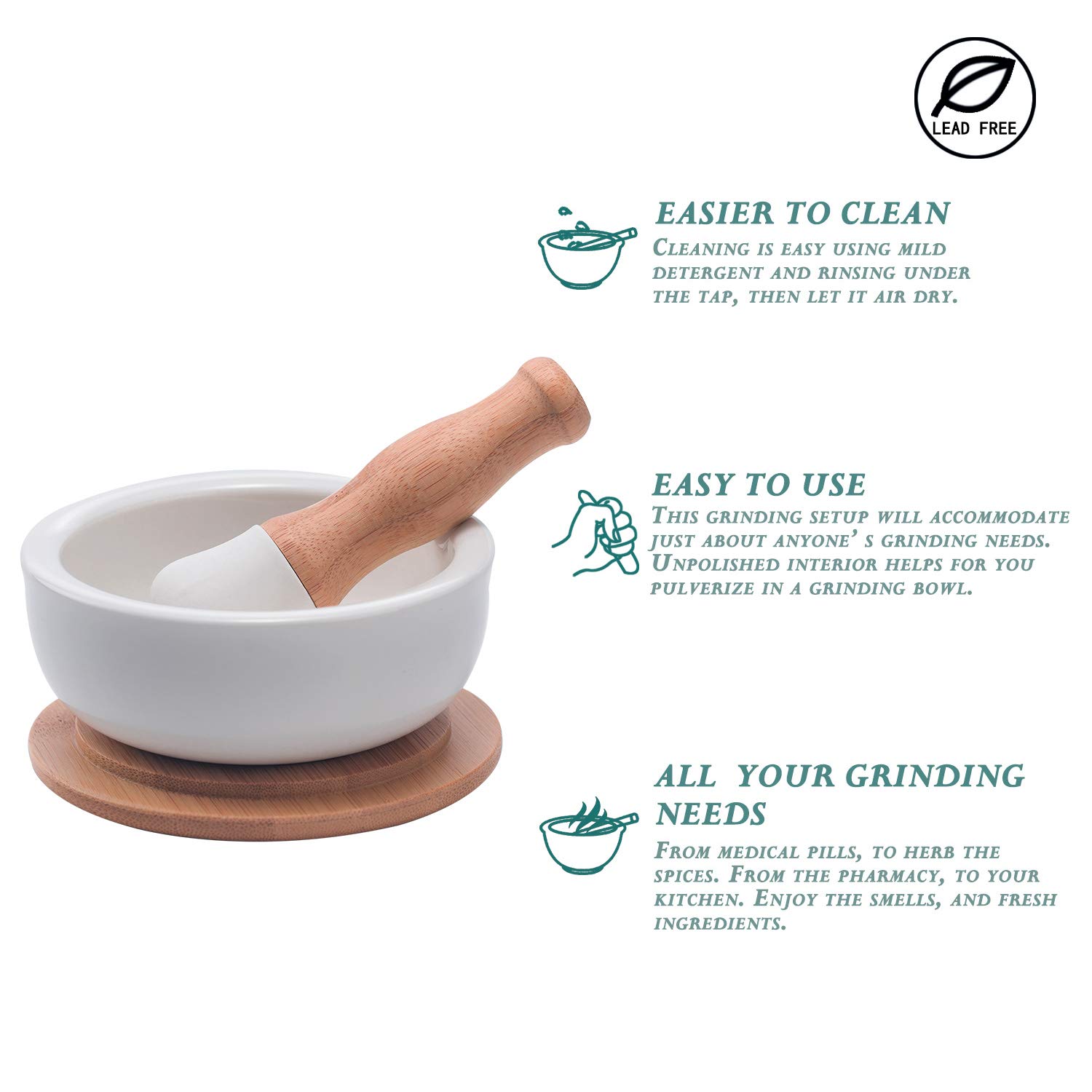 Porcelain Mortar and Pestle Set – Pill Crusher, Spice Grinder, Herb Bowl, Pesto Powder – Molcajete for Salt - Plus Lid/Non-Slip Base