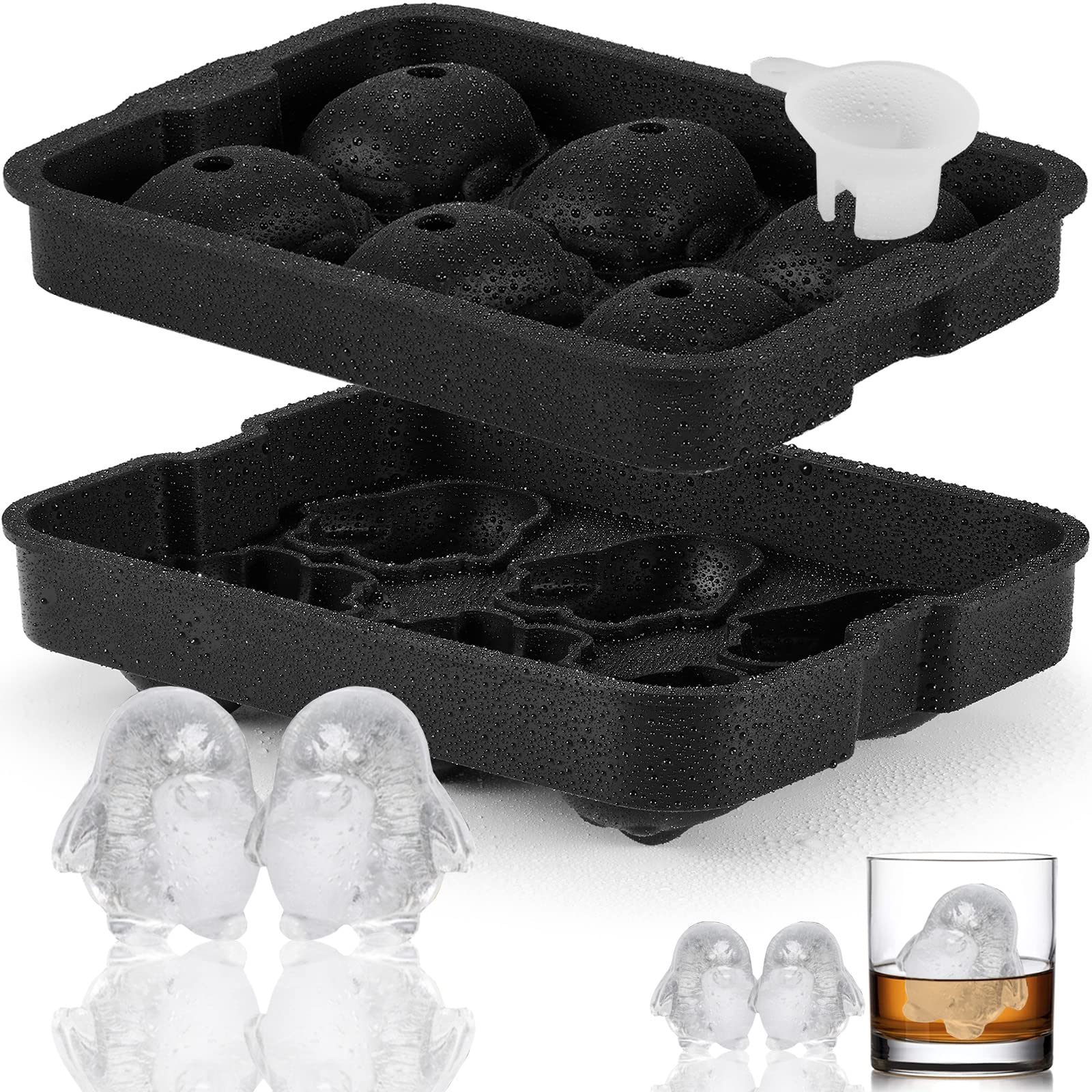 Nax Caki 3D Penguin Ice Cube Tray, 2.2" Large Thicked Silicone Fun Shapes Whiskey Ice Mold with Funnel for Cocktails,Bourbon,Brandy, Whiskey Gifts for Men Black