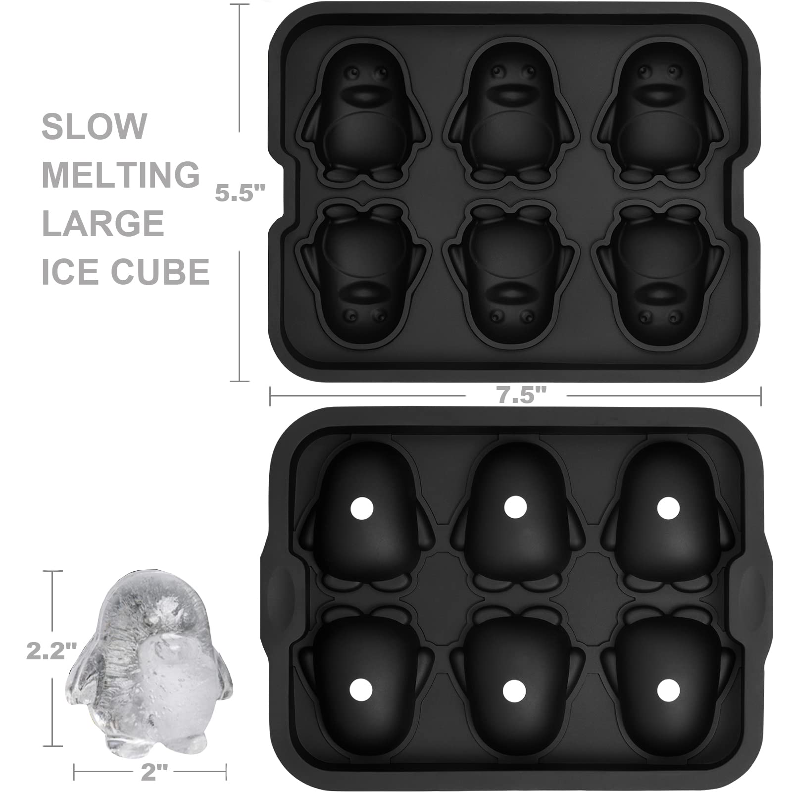 Nax Caki 3D Penguin Ice Cube Tray, 2.2" Large Thicked Silicone Fun Shapes Whiskey Ice Mold with Funnel for Cocktails,Bourbon,Brandy, Whiskey Gifts for Men Black