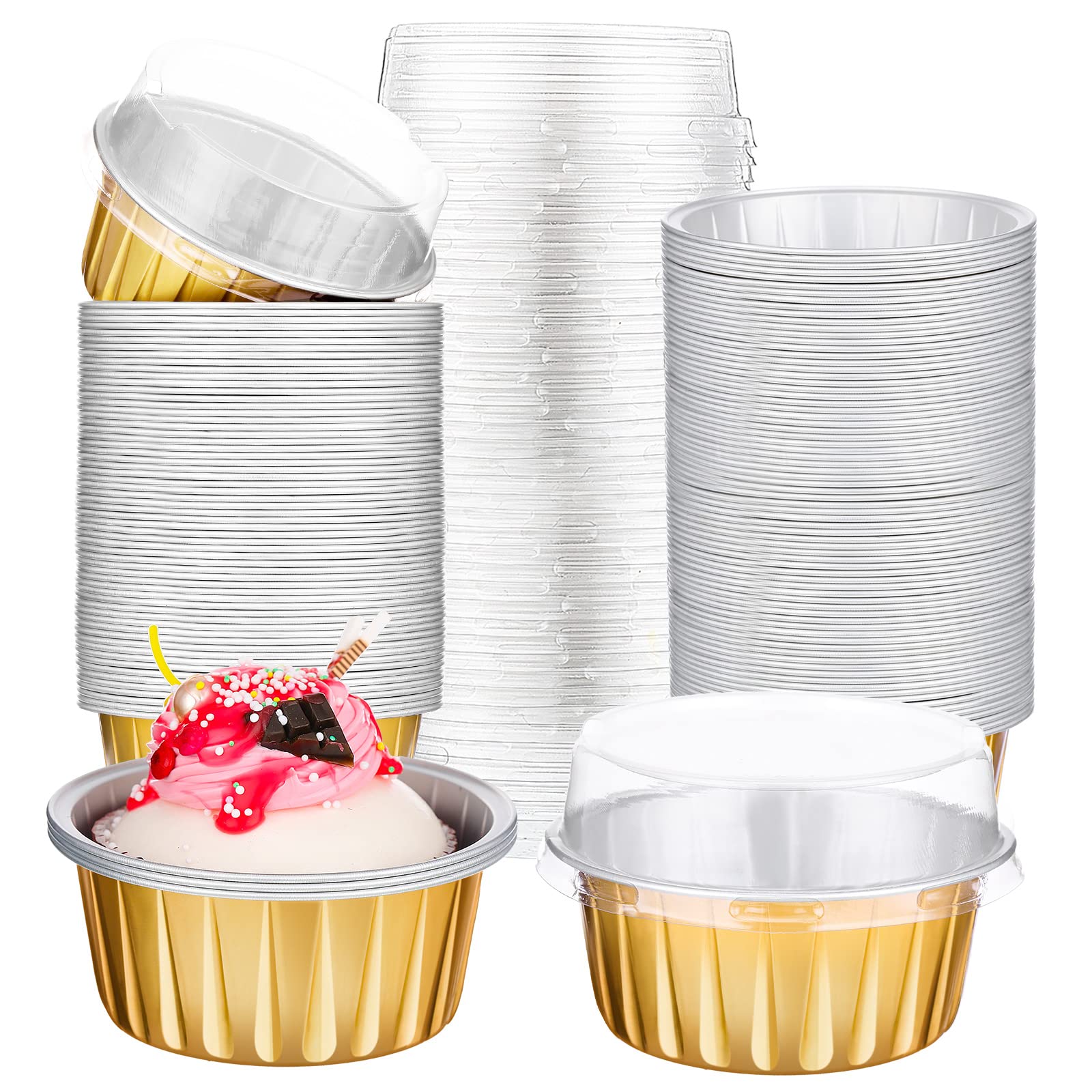 200 Pack Aluminum Foil Cupcake Baking Cups 5oz Cupcake Liners Dessert Cups with Lids Disposable Cupcake Cups Mini Cake Containers Flan Molds Tin Mini Muffin Liners for Wedding Birthday (Gold)