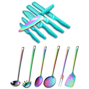 kya37 rainbow titanium 12-piece stainless steel kitchen knives set with sheath + kya52 6pcs nonstick colorful stainless steel rainbow utensil sets