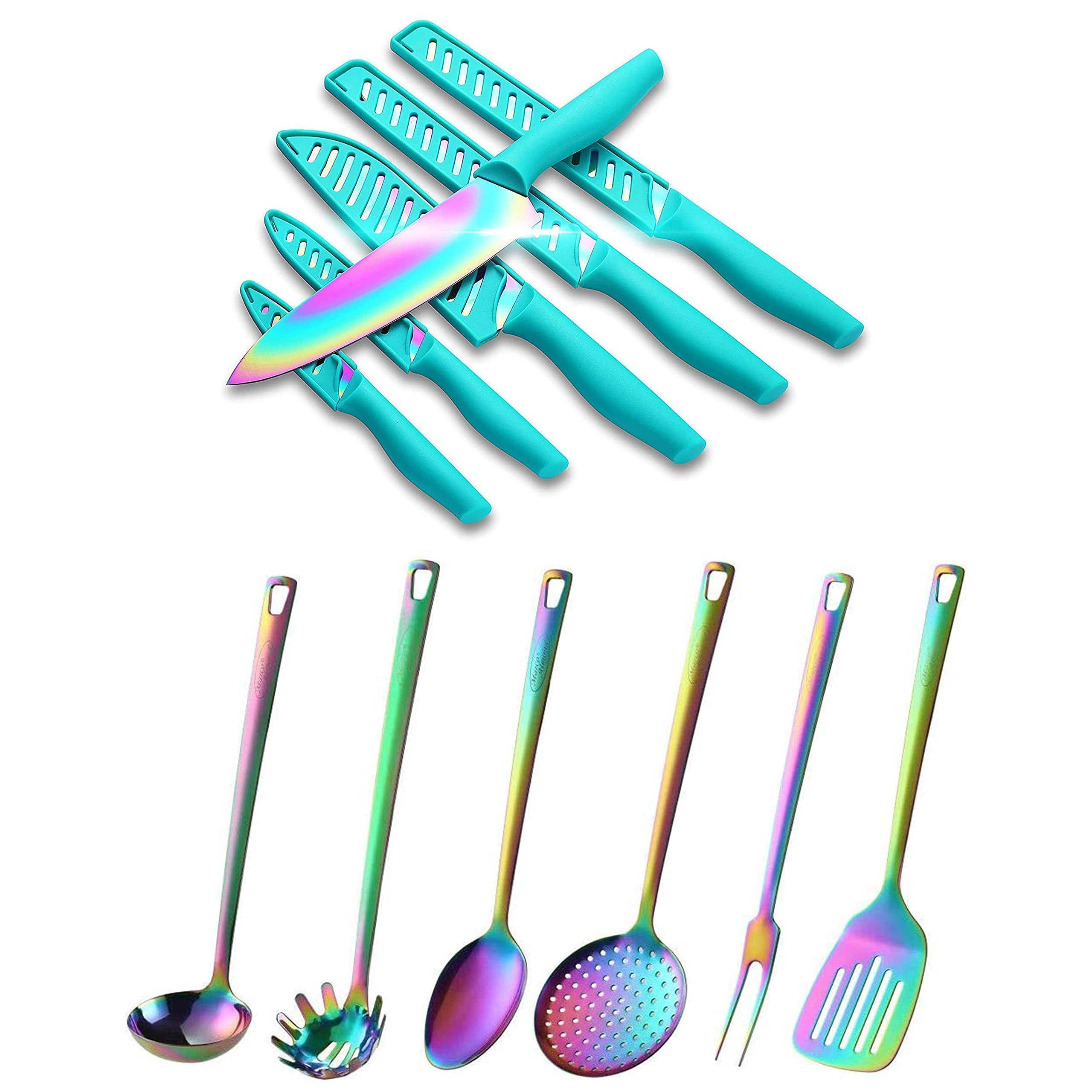 KYA37 Rainbow Titanium 12-Piece Stainless Steel Kitchen Knives Set with Sheath + KYA52 6PCS Nonstick Colorful Stainless Steel Rainbow Utensil Sets