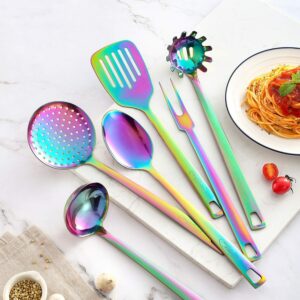 KYA37 Rainbow Titanium 12-Piece Stainless Steel Kitchen Knives Set with Sheath + KYA52 6PCS Nonstick Colorful Stainless Steel Rainbow Utensil Sets