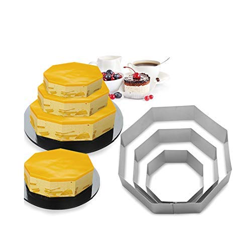 FunWhale 3 Tier Octagon Multilayer Anniversary Birthday Cake Baking Pans,Stainless Steel 3 Sizes Rings Octagon Molding Mousse Cake Rings(Octagon-shapes,Set of 3)