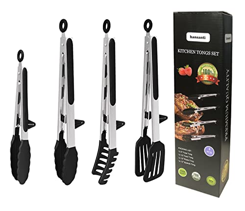 4 Pack Silicone Kitchen Cooking Tongs Set, Stainless Steel Nonstick Food Tong with BPA Free Silicone Tips for Serving Pasta Spaghetti Steak Pie Pizza Salad Vegetable Fruit Grilling BBQ Buffet 9" & 12"