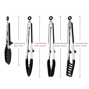 4 Pack Silicone Kitchen Cooking Tongs Set, Stainless Steel Nonstick Food Tong with BPA Free Silicone Tips for Serving Pasta Spaghetti Steak Pie Pizza Salad Vegetable Fruit Grilling BBQ Buffet 9" & 12"