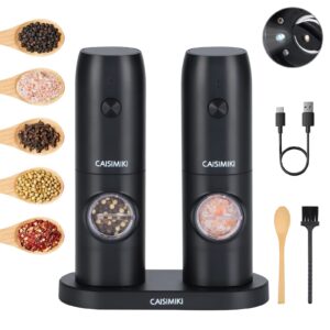 caisimiki electric salt and pepper grinder set 2 pack rechargeable pepper mill automatic pepper shaker one-handed operation adjustable coarseness with dual charging base led light