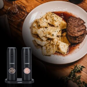 CAISIMIKI Electric Salt and Pepper Grinder Set 2 Pack Rechargeable Pepper Mill Automatic Pepper Shaker One-Handed Operation Adjustable Coarseness with Dual Charging Base LED Light