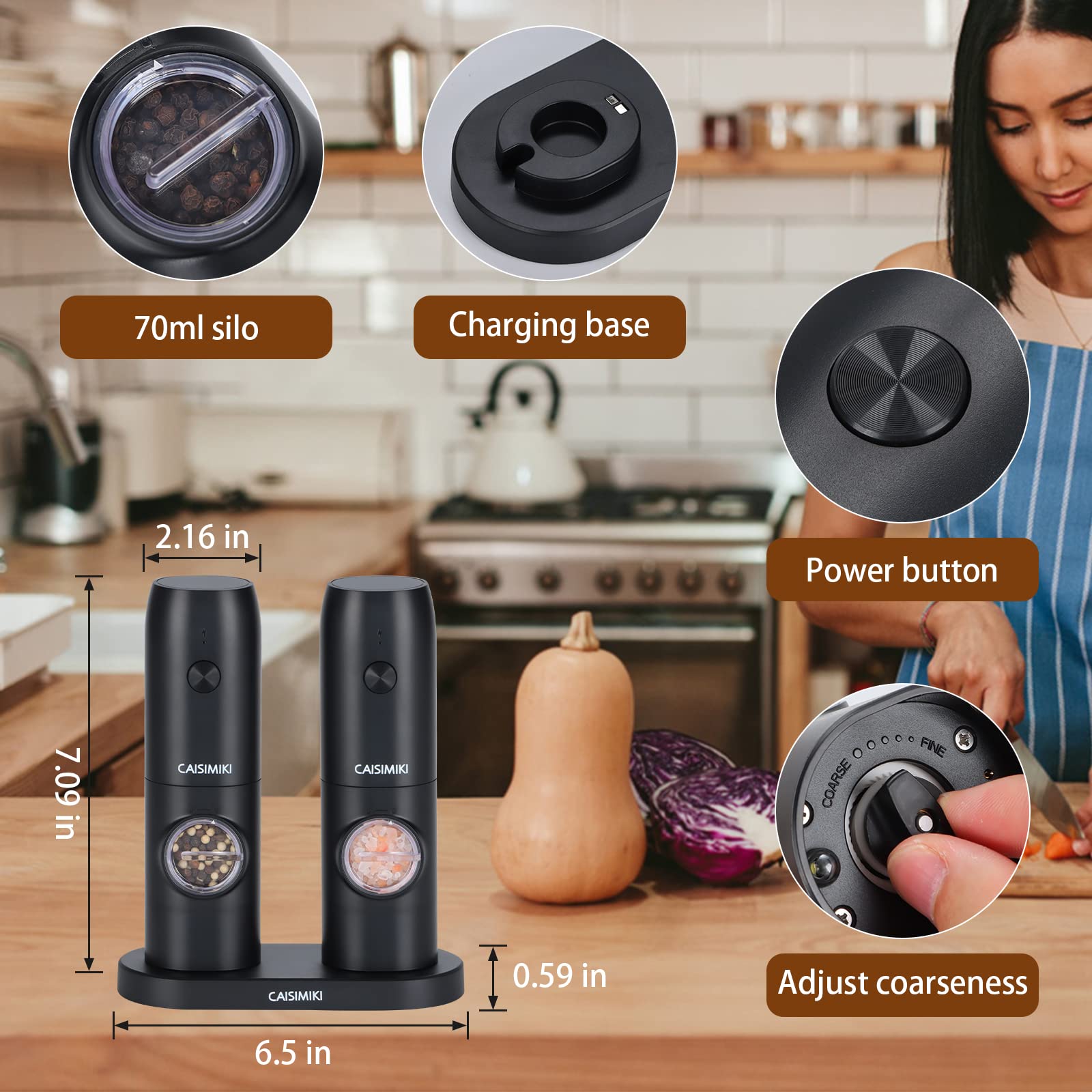 CAISIMIKI Electric Salt and Pepper Grinder Set 2 Pack Rechargeable Pepper Mill Automatic Pepper Shaker One-Handed Operation Adjustable Coarseness with Dual Charging Base LED Light
