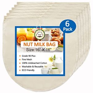 6 Pack 16"x16" Nut Milk Bag for Straining, 100% Unbleached Cotton Cloth, Reusable Cheesecloth, Strainer for Almond/Oat/Soy Milk, Cold Brew Coffee, Filter Bag for Cheese/Yogurt/Juice/Wine/Soup/Herbs