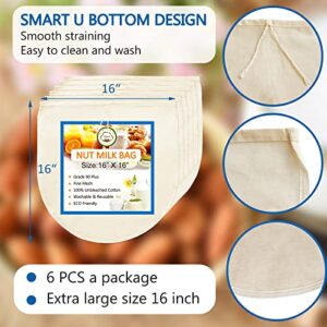 6 Pack 16"x16" Nut Milk Bag for Straining, 100% Unbleached Cotton Cloth, Reusable Cheesecloth, Strainer for Almond/Oat/Soy Milk, Cold Brew Coffee, Filter Bag for Cheese/Yogurt/Juice/Wine/Soup/Herbs