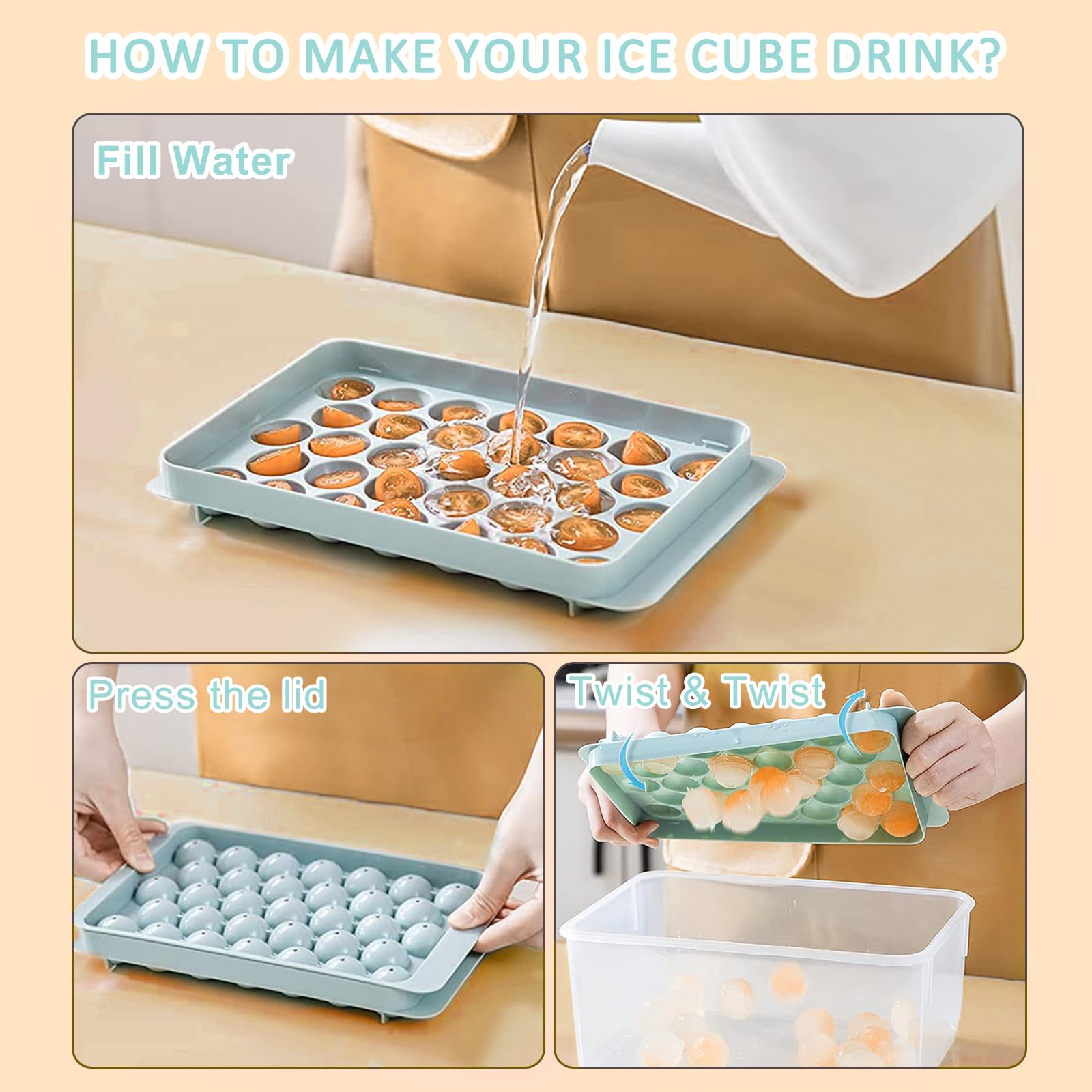 YSBYWSYR Round Ice Cube Trays, Upgraded Ice Trays for Freezer with Lid and Bin, Small Circle Ice Cube Mold Tray Making 99PCS x 1.0IN Sphere Ice Chilling Cocktail Whiskey (3 Trays 1 Ice Bin & Scoop)