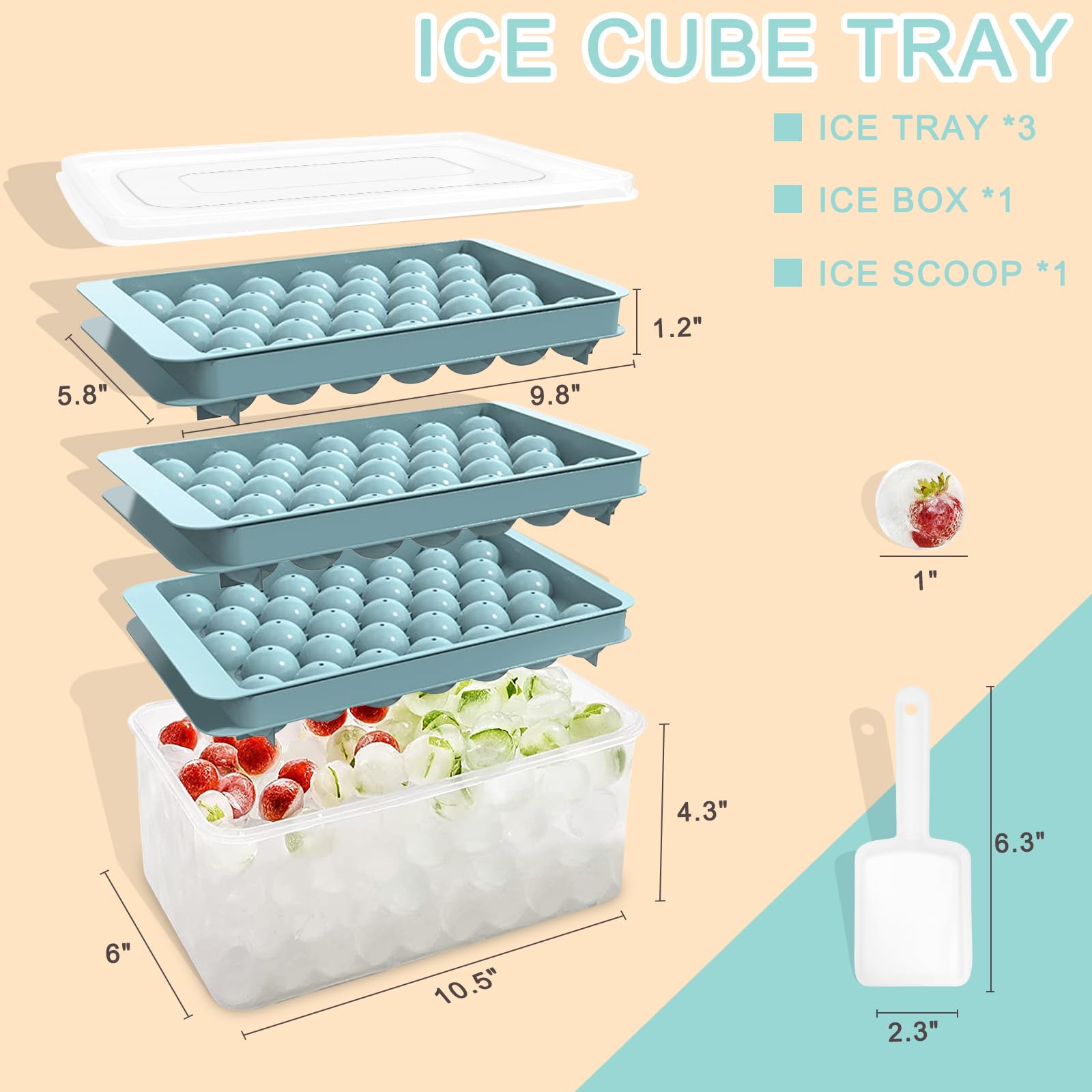 YSBYWSYR Round Ice Cube Trays, Upgraded Ice Trays for Freezer with Lid and Bin, Small Circle Ice Cube Mold Tray Making 99PCS x 1.0IN Sphere Ice Chilling Cocktail Whiskey (3 Trays 1 Ice Bin & Scoop)