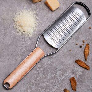 stainless steel cheese grater with natural wood handle for parmesan cheese lemon, ginger, cheese, nutmeg, potato, chocolate and garlic small