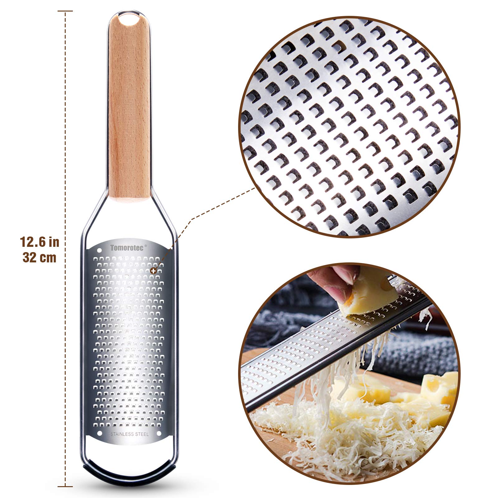 Stainless Steel Cheese Grater with Natural Wood Handle for Parmesan Cheese Lemon, Ginger, Cheese, Nutmeg, Potato, Chocolate and Garlic Small