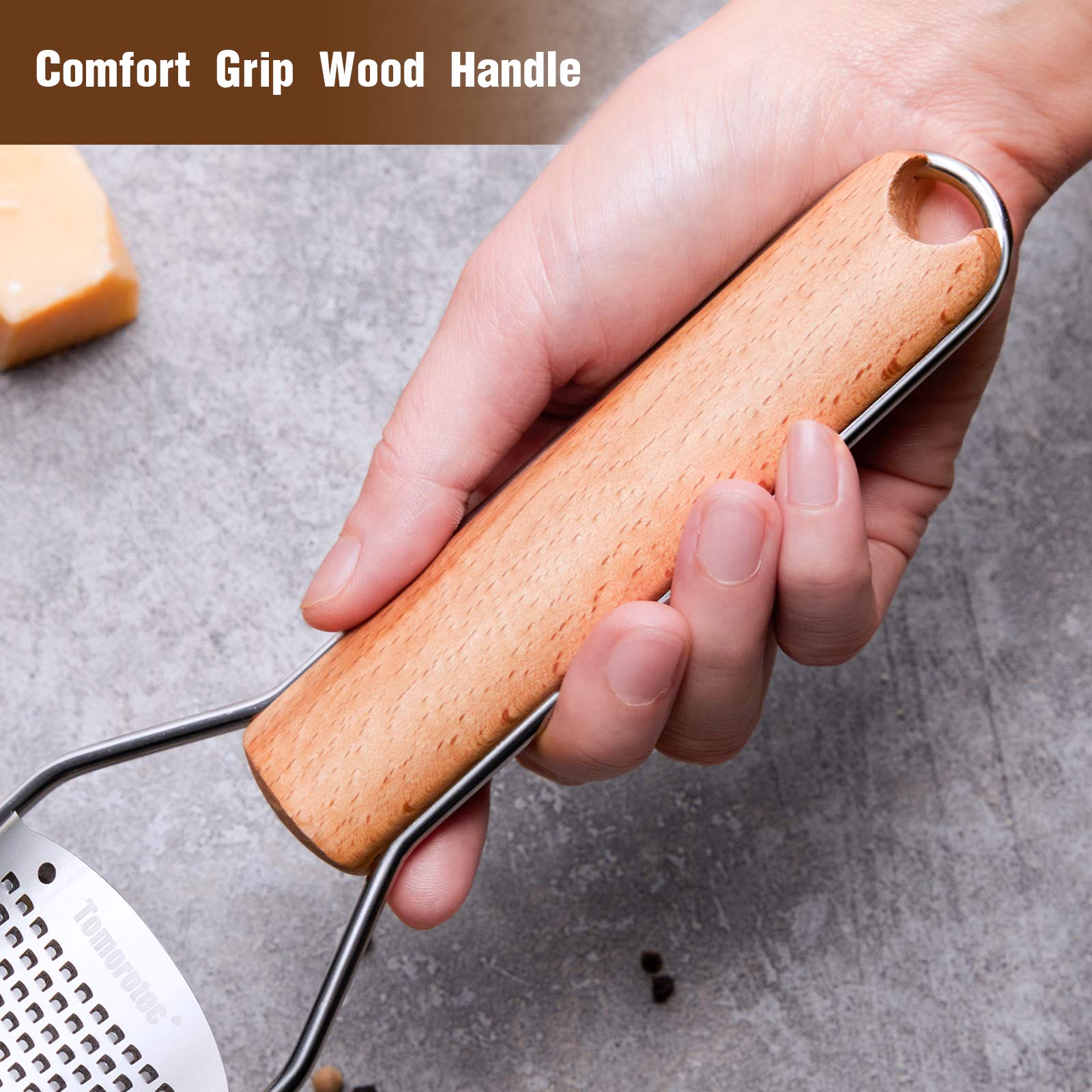 Stainless Steel Cheese Grater with Natural Wood Handle for Parmesan Cheese Lemon, Ginger, Cheese, Nutmeg, Potato, Chocolate and Garlic Small