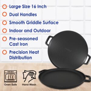 16 Inch Cast Iron Pizza Pan Round Griddle by StarBlue with FREE Silicone Handles and 30 Recipes Ebook– Pre-Seasoned Comal, Kitchen Essentials for Pizza Lovers, Baking, Grill, BBQ, Stove Oven Safe