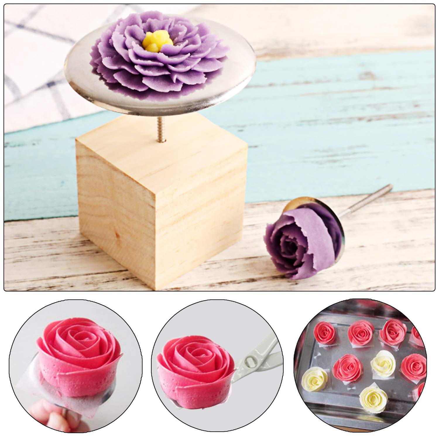 12 PCS Cake Decorating Supplies, Woohome 8 PCS 2 Style Cake Flower Nail, 2 PCS Flower Lifters and 1 PCS Wood Flower Nails Holder, 1 PCS Cake Icing Dispensers for Icing Flowers Decoration