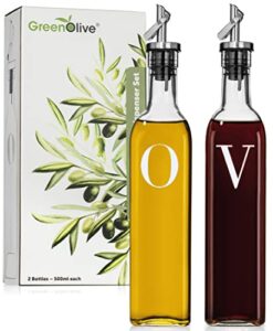 greenolive professional glass oil and vinegar dispenser set - olive oil bottle with pourer caps, ideal for kitchen use - oil dispenser bottle set (o & v letters)
