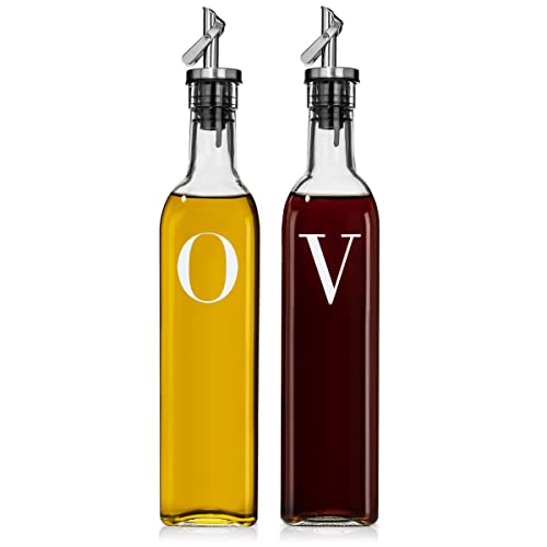 GREENOLIVE Professional Glass Oil and Vinegar Dispenser Set - Olive Oil Bottle with Pourer Caps, Ideal for Kitchen Use - Oil Dispenser Bottle Set (O & V Letters)
