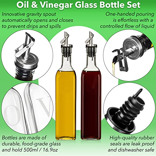 GREENOLIVE Professional Glass Oil and Vinegar Dispenser Set - Olive Oil Bottle with Pourer Caps, Ideal for Kitchen Use - Oil Dispenser Bottle Set (O & V Letters)