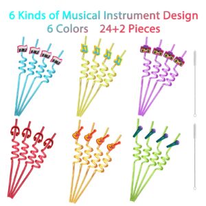 24 Music Drinking Straws for Kids Tik Tok Rockstar Rock N Roll Birthday Party Supplies Favors with 2 PCS Cleaning Brushes