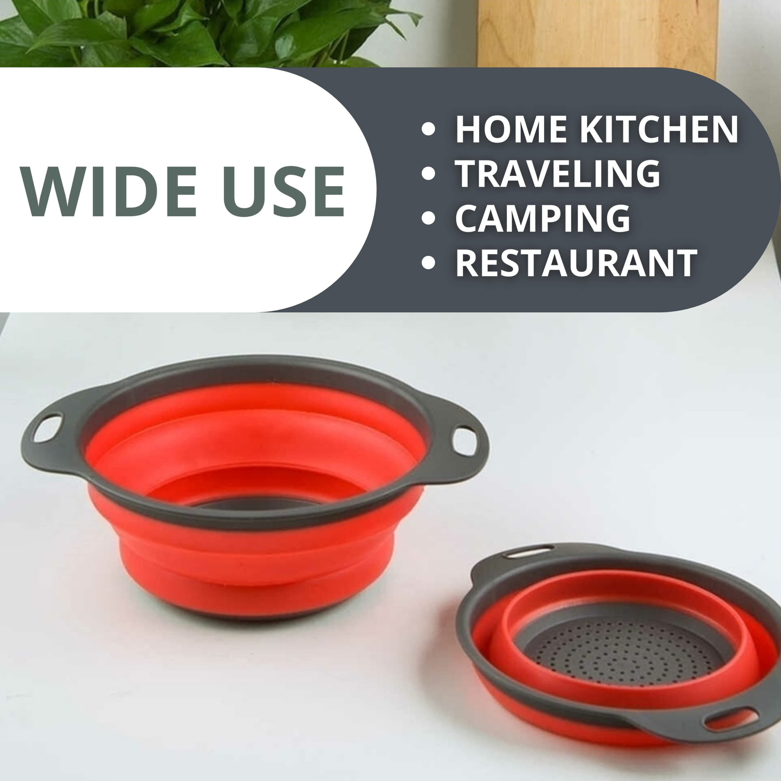 Round Collapsible Colander with Plastic Handles Round Silicone Kitchen Strainers Foldable Kitchen Strainer Perfect for Draining Pasta Vegetable and Fruit Red