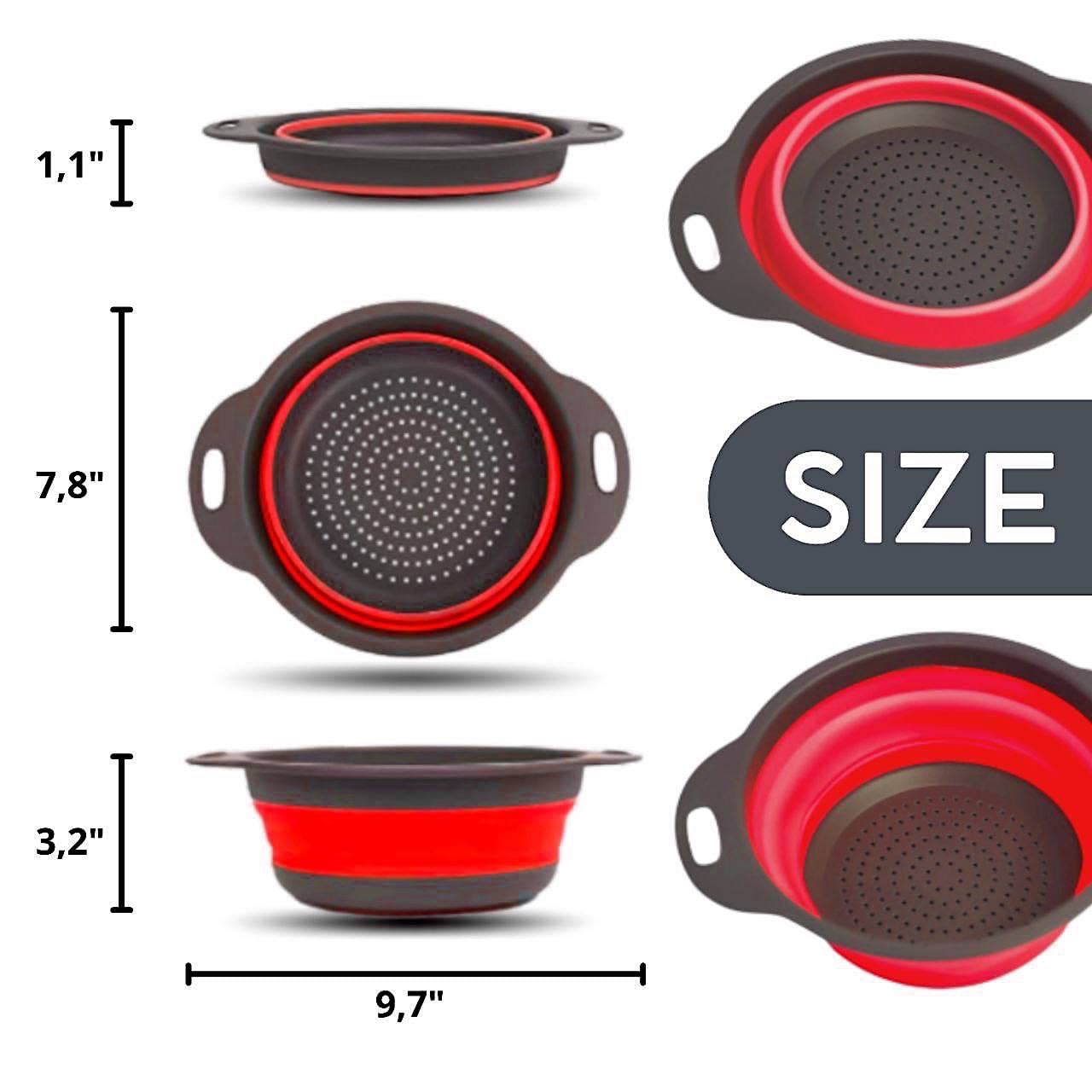 Round Collapsible Colander with Plastic Handles Round Silicone Kitchen Strainers Foldable Kitchen Strainer Perfect for Draining Pasta Vegetable and Fruit Red