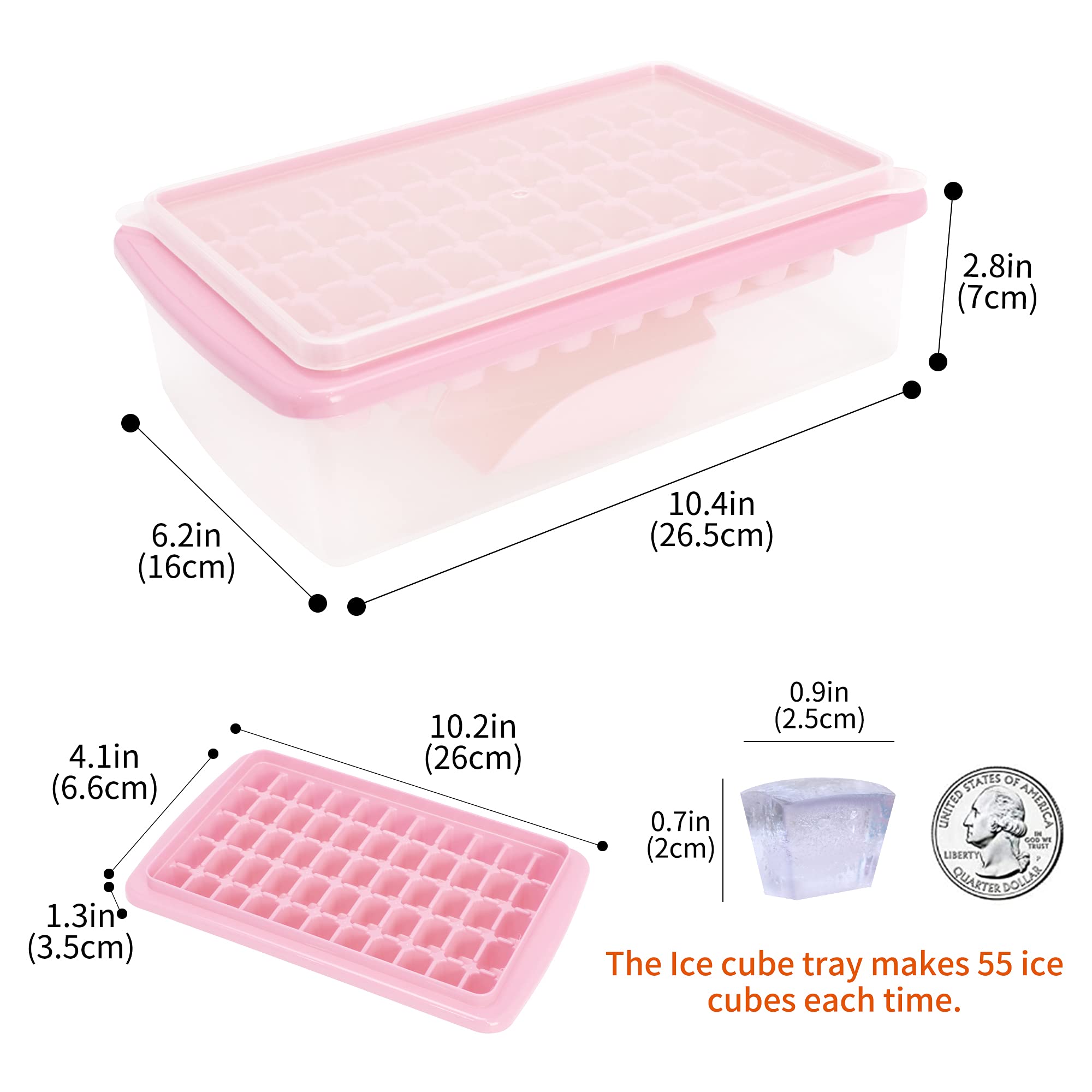 Ice Cube Tray with Lid and Bin for Freezer, Easy Release 55 Nugget Ice Tray with Cover, Storage Container, Scoop. Perfect Small Ice Cube Maker Tray & Mold. Flexable Durable Plastic, BPA Free