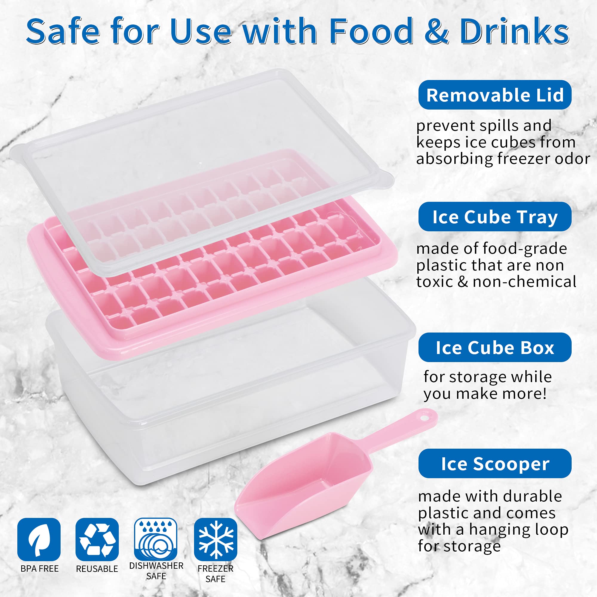 Ice Cube Tray with Lid and Bin for Freezer, Easy Release 55 Nugget Ice Tray with Cover, Storage Container, Scoop. Perfect Small Ice Cube Maker Tray & Mold. Flexable Durable Plastic, BPA Free