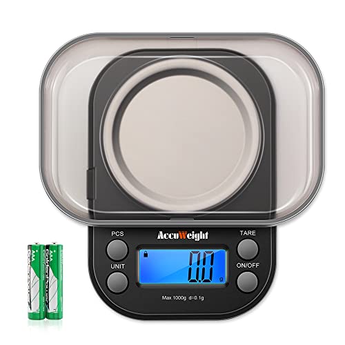 AccuWeight Gram Scale with 1000g/0.1g High Precision Mini Coffee Scale for Weed Jewelry Scale with 6 Units, Tare, Calibration PCS Function and Backlit