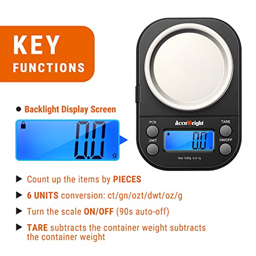 AccuWeight Gram Scale with 1000g/0.1g High Precision Mini Coffee Scale for Weed Jewelry Scale with 6 Units, Tare, Calibration PCS Function and Backlit