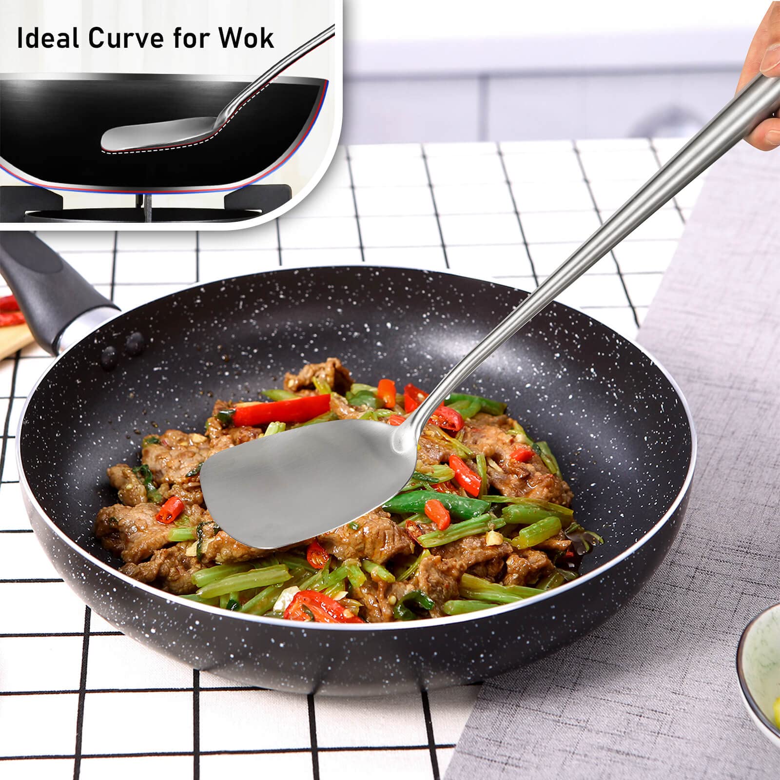 17inch Wok Spatula and Ladle - 304 Stainless Steel Wok Tools Set, 2 Pieces All Metal Extra Long Handle Cooking Tools, Chinese Wok Utensils and Wok Accessories for Cast Iron/Carbon Steel Wok