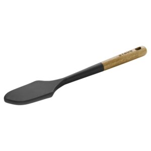 staub silcone spatula, great for mixing, folding, scraping, and spreading, durable bpa-free matte black silicone, acacia wood handles, safe for nonstick cooking surfaces