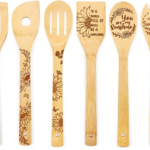 Wooden Spoons for Cooking, 6PCS Sunflower Burned Engraved Bamboo Spoons Set, Sunflower Kitchen Decor and Accessories, Sunflowes Cooking Utensil Gifts Ideas for Housewarming Wedding Birthday Shower