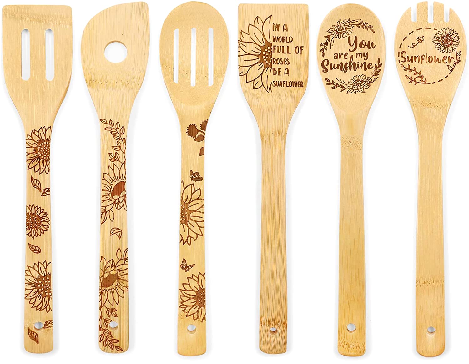 Wooden Spoons for Cooking, 6PCS Sunflower Burned Engraved Bamboo Spoons Set, Sunflower Kitchen Decor and Accessories, Sunflowes Cooking Utensil Gifts Ideas for Housewarming Wedding Birthday Shower