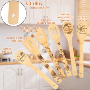 Wooden Spoons for Cooking, 6PCS Sunflower Burned Engraved Bamboo Spoons Set, Sunflower Kitchen Decor and Accessories, Sunflowes Cooking Utensil Gifts Ideas for Housewarming Wedding Birthday Shower