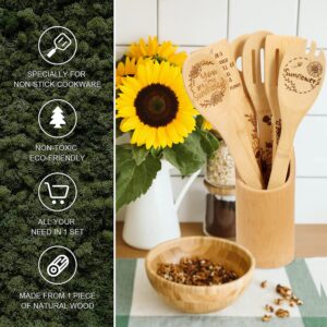 Wooden Spoons for Cooking, 6PCS Sunflower Burned Engraved Bamboo Spoons Set, Sunflower Kitchen Decor and Accessories, Sunflowes Cooking Utensil Gifts Ideas for Housewarming Wedding Birthday Shower