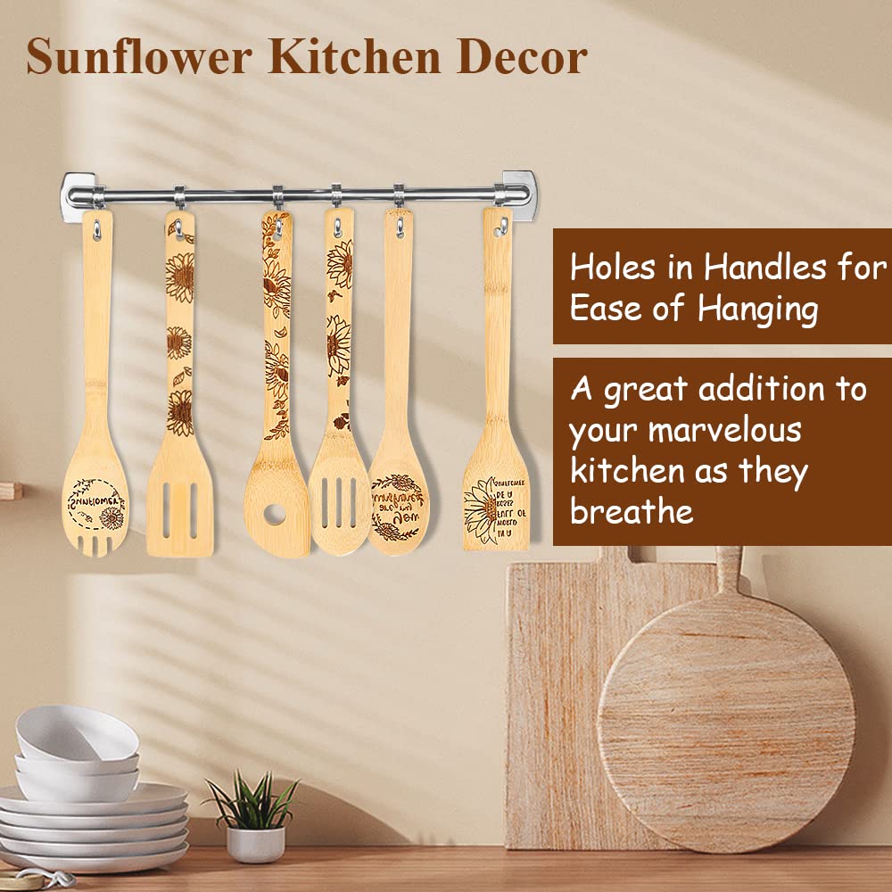 Wooden Spoons for Cooking, 6PCS Sunflower Burned Engraved Bamboo Spoons Set, Sunflower Kitchen Decor and Accessories, Sunflowes Cooking Utensil Gifts Ideas for Housewarming Wedding Birthday Shower