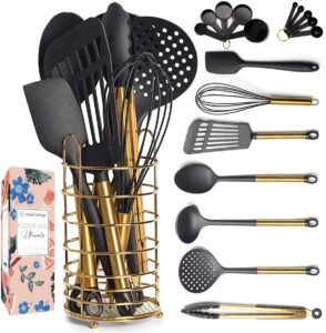 black and gold kitchen utensils with stainless steel gold utensil holder -18 pc black and gold cooking utensils set includes black and gold measuring cups and spoons set- gold kitchen accessories