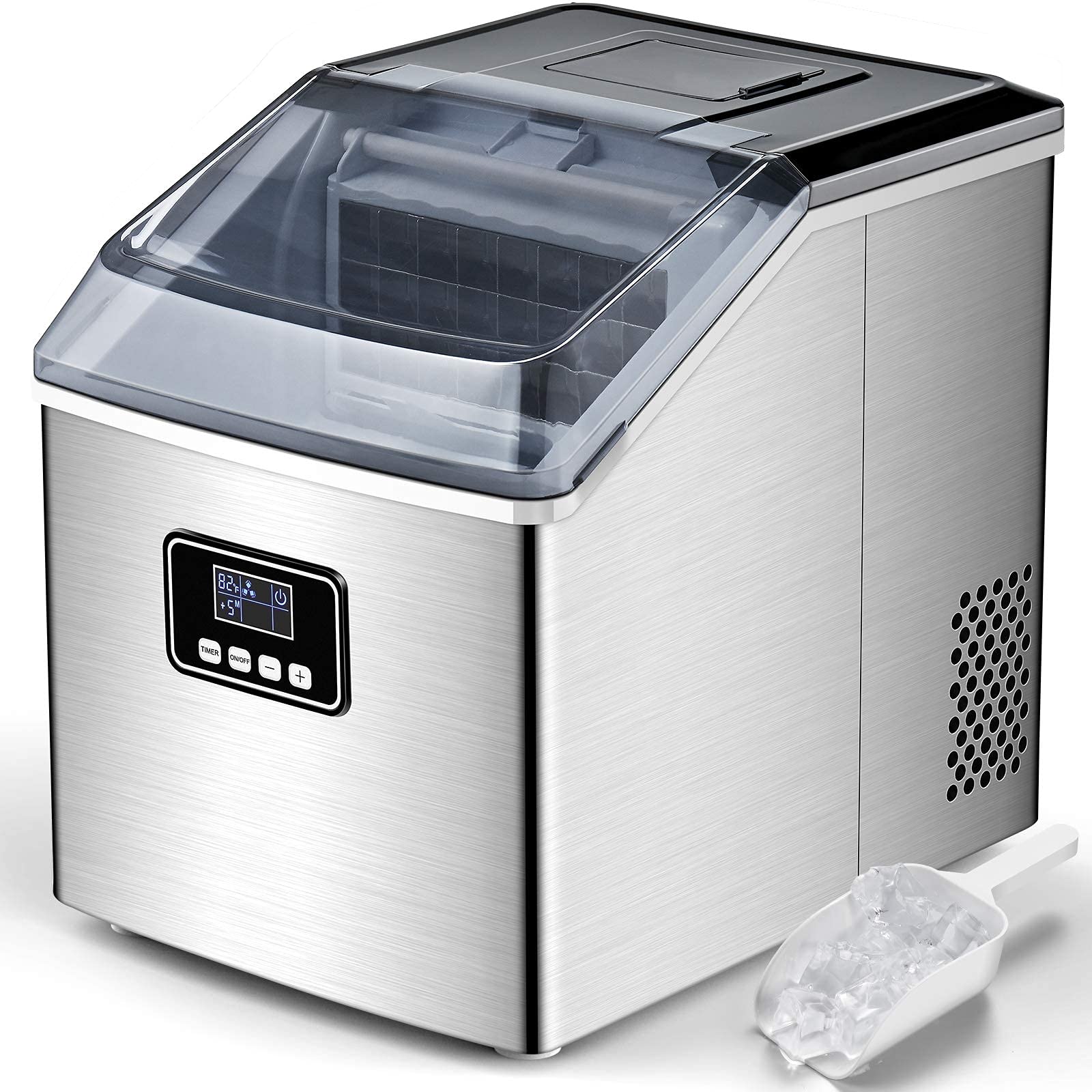 Ice Maker Machine Countertop, 40Lbs/24H Auto Self-Cleaning, 24 pcs Ice Cube in 13 Mins, FREE VILLAGE Portable Compact Ice Cube Maker, With Ice Scoop & Basket, Ideal for Home/Kitchen/Office/Bar, Silver