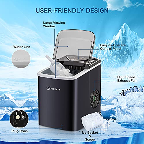 Techdorm Ice Maker Machine for Countertop, 9 Bullet Ice Cubes Ready in 6-8 Minutes, 26Lbs/24H Portable Ice Makers, 2 Types of Ice Size with Ice Scoop and Basket for Home Bar Kitchen Office (A)