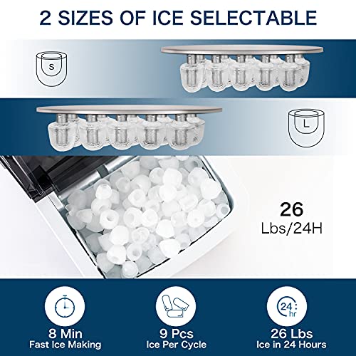 Techdorm Ice Maker Machine for Countertop, 9 Bullet Ice Cubes Ready in 6-8 Minutes, 26Lbs/24H Portable Ice Makers, 2 Types of Ice Size with Ice Scoop and Basket for Home Bar Kitchen Office (A)