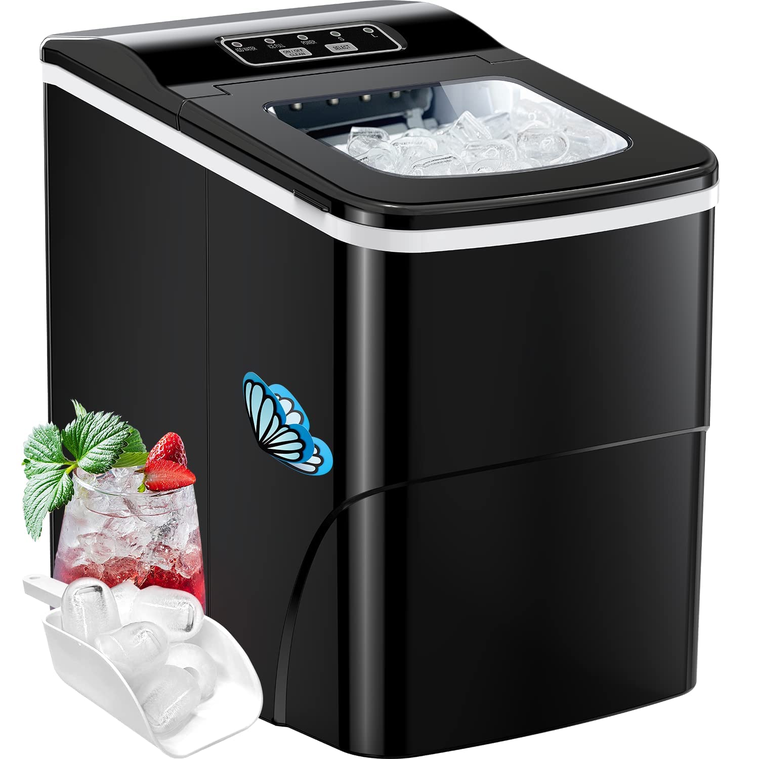 Ice Makers Countertop - Silonn Portable Ice Maker Machine for Countertop, Make 26 lbs Ice in 24 hrs, 2 Sizes of Bullet-Shaped Ice with Ice Scoop and Basket, Black