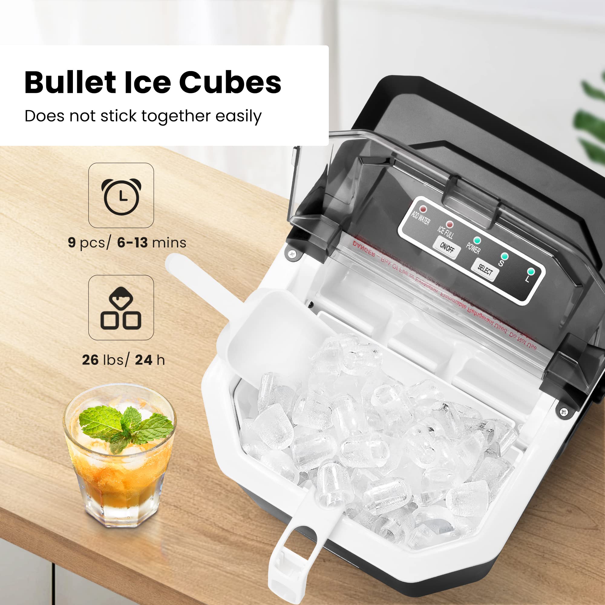 VIVOHOME Electric Portable Compact Countertop Automatic Ice Cube Maker Machine with Self Cleaning Function Visible Window and Hand Scoop Silver 26.5lbs/Day