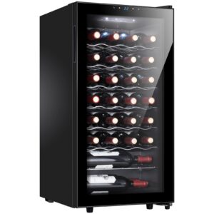 staigis 28 bottle compressor wine cooler refrigerator, small freestanding wine fridge for red, white and champagne, mini fridge with 40-66f digital temperature control glass door